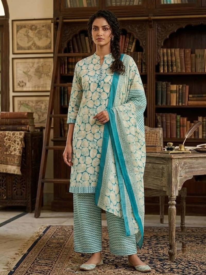 Teal printed cotton blend stitched abstract print salwar kurta dupatta for women