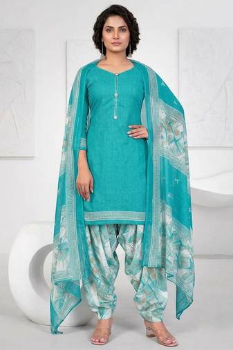 Blue printed cotton blend stitched geometric print salwar kurta dupatta for women