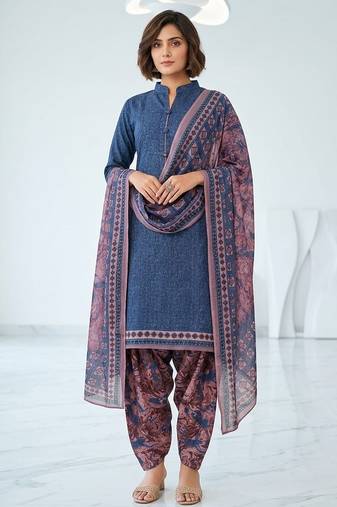Blue printed cotton blend stitched floral print salwar kurta dupatta for women