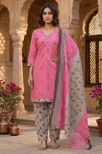 Pink printed cotton blend stitched floral print salwar kurta dupatta for women