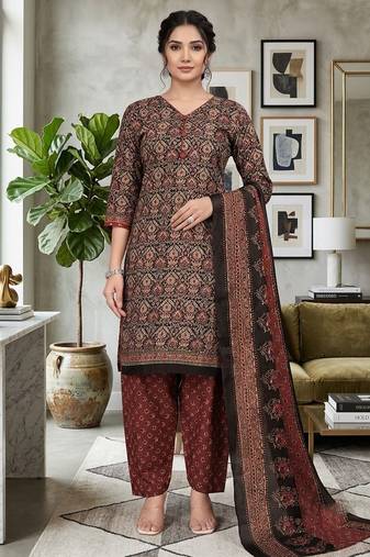 Brown printed cotton blend stitched ethnic motifs print salwar kurta dupatta for women