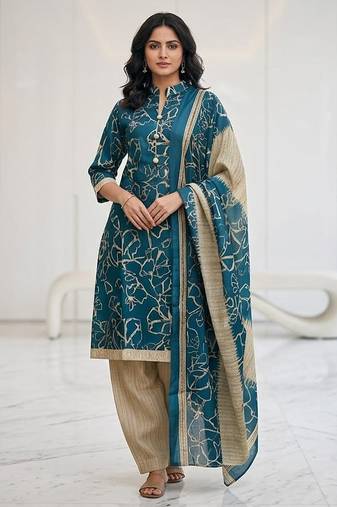 Teal printed cotton blend stitched abstract print salwar kurta dupatta for women