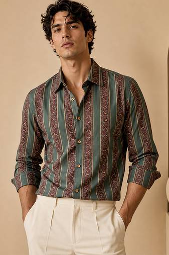 Sage green stripes printed cotton shirt