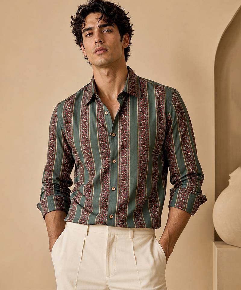 Sage green stripes printed cotton shirt