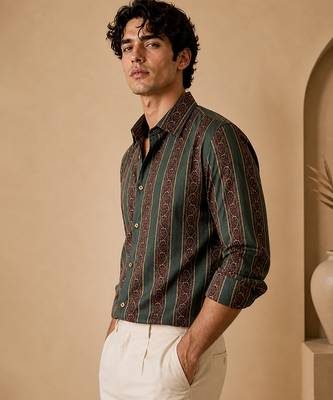 Sage green stripes printed cotton shirt 2