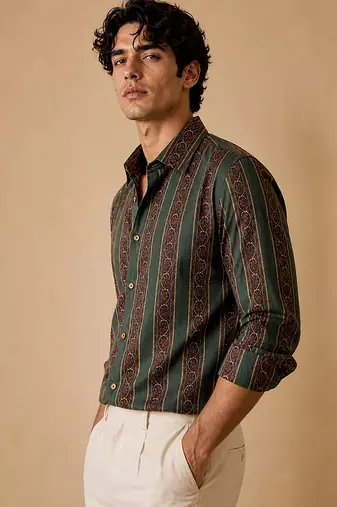 Sage green stripes printed cotton shirt