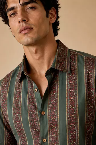 Sage green stripes printed cotton shirt