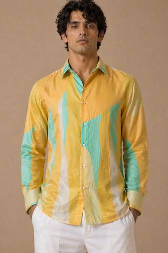 Yellow blue printed muslin shirt