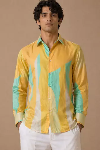 Yellow blue printed muslin shirt