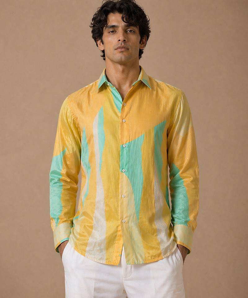 Yellow blue printed muslin shirt
