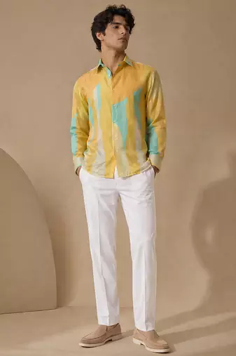 Yellow blue printed muslin shirt