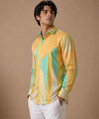 Yellow blue printed muslin shirt 3