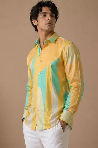Yellow blue printed muslin shirt