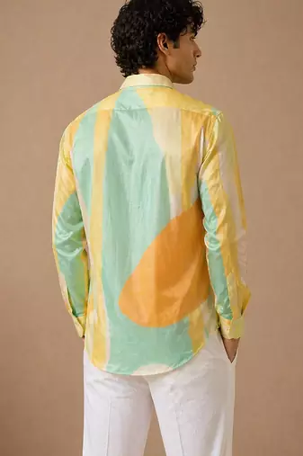 Yellow blue printed muslin shirt