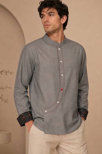 Grey blue malai cotton short kurta
