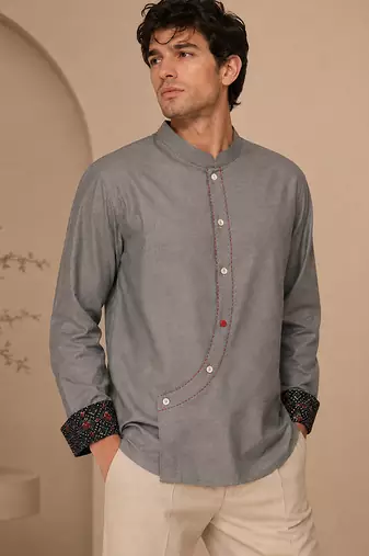Grey blue malai cotton short kurta