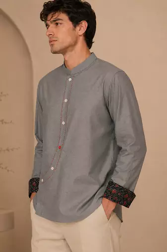 Grey blue malai cotton short kurta