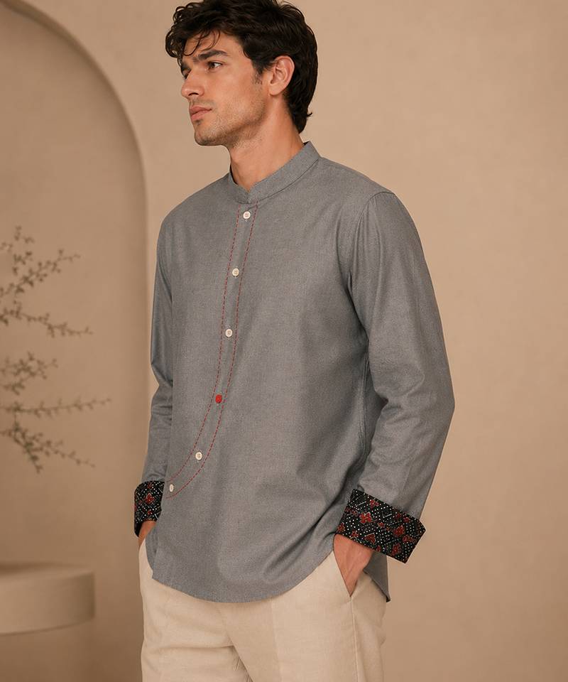 Grey blue malai cotton short kurta