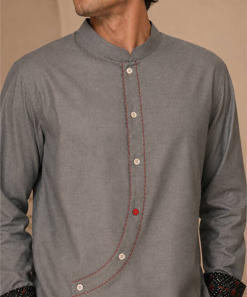 Grey blue malai cotton short kurta