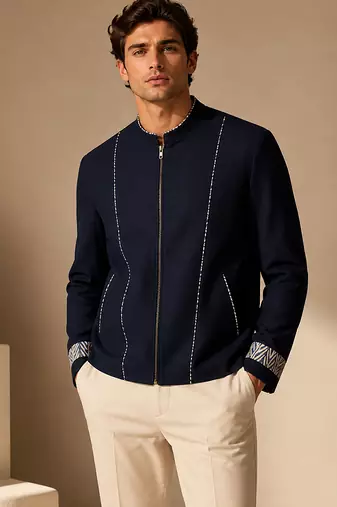 Blue thread work malai cotton bomber jacket