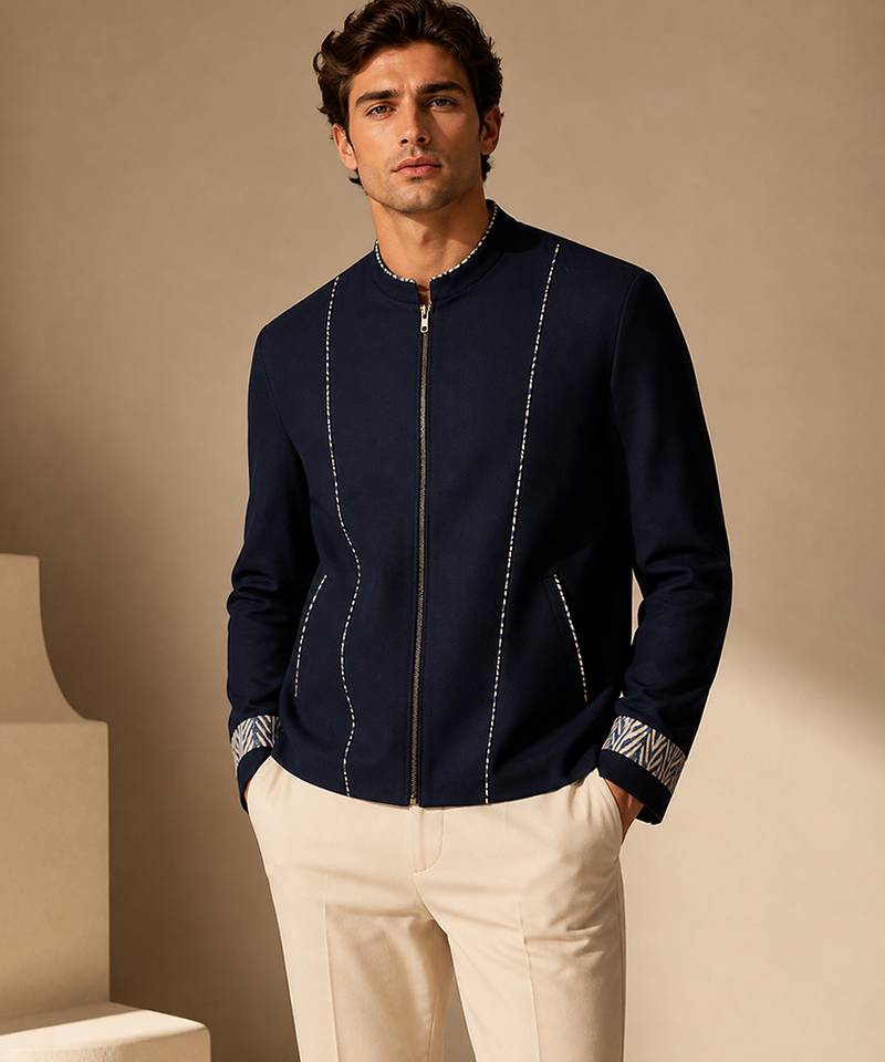 Blue thread work malai cotton bomber jacket