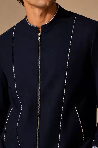 Blue thread work malai cotton bomber jacket