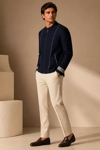 Blue thread work malai cotton bomber jacket