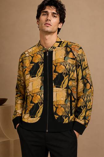 Mustard yellow printed muslin bomber jacket
