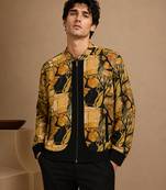 Mustard yellow printed muslin bomber jacket