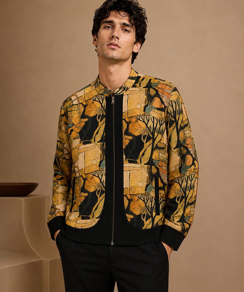 Mustard yellow printed muslin bomber jacket