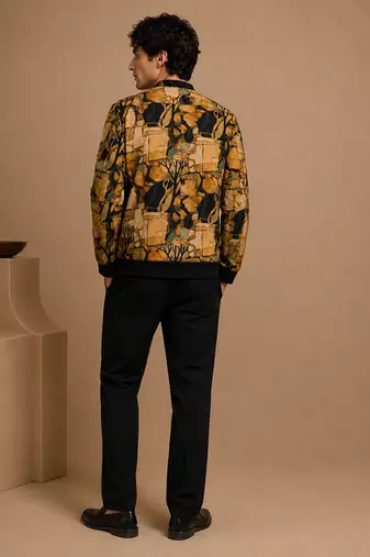 Mustard yellow printed muslin bomber jacket