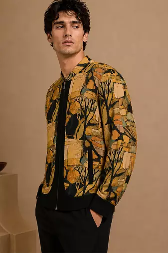 Mustard yellow printed muslin bomber jacket