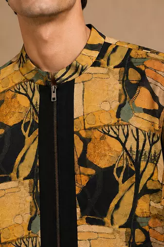 Mustard yellow printed muslin bomber jacket