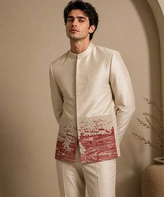 Beige hand embroidered bemberg silk bandhgala 1