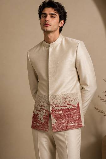 Beige hand embroidered bemberg silk bandhgala