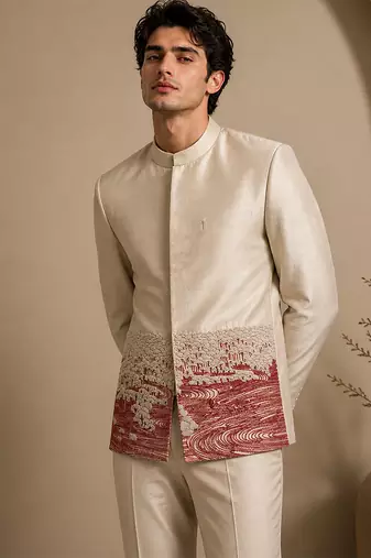 Beige hand embroidered bemberg silk bandhgala