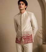 Beige hand embroidered bemberg silk bandhgala
