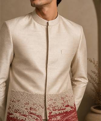 Beige hand embroidered bemberg silk bandhgala 2