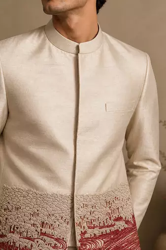 Beige hand embroidered bemberg silk bandhgala