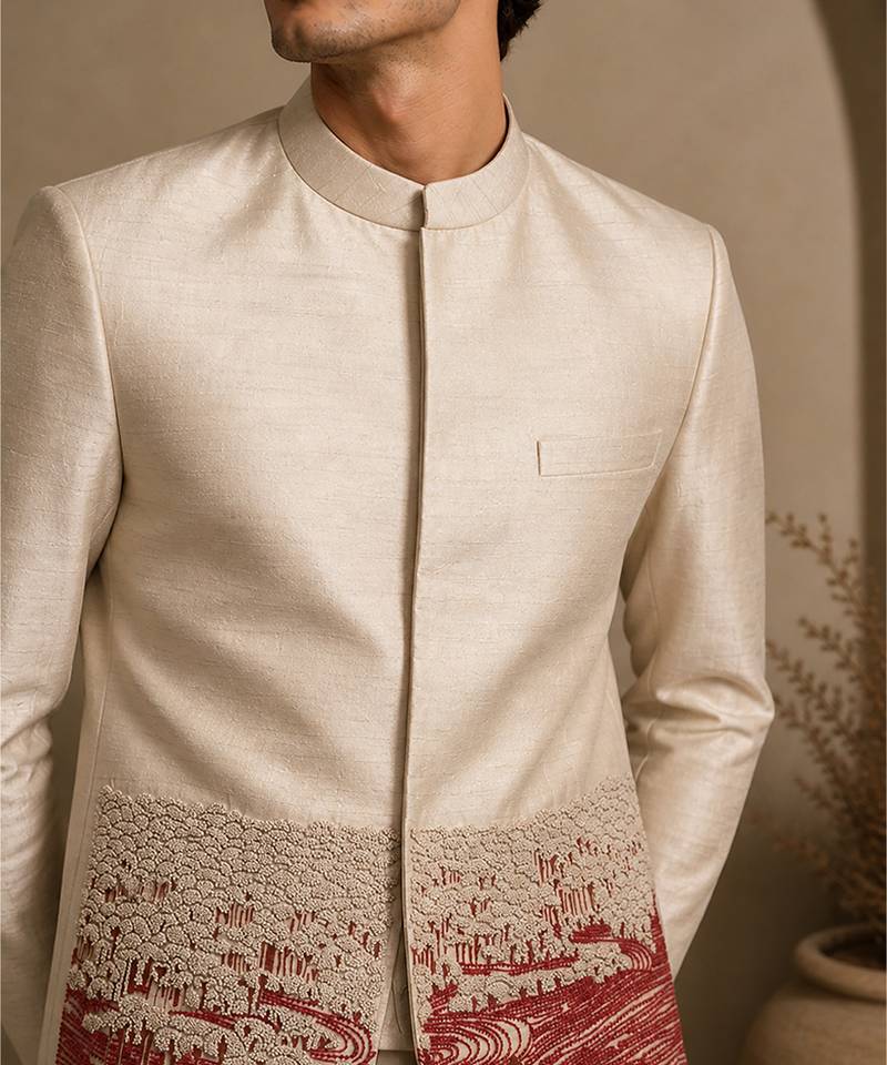 Beige hand embroidered bemberg silk bandhgala