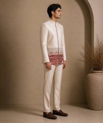 Beige hand embroidered bemberg silk bandhgala 3