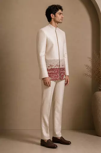 Beige hand embroidered bemberg silk bandhgala