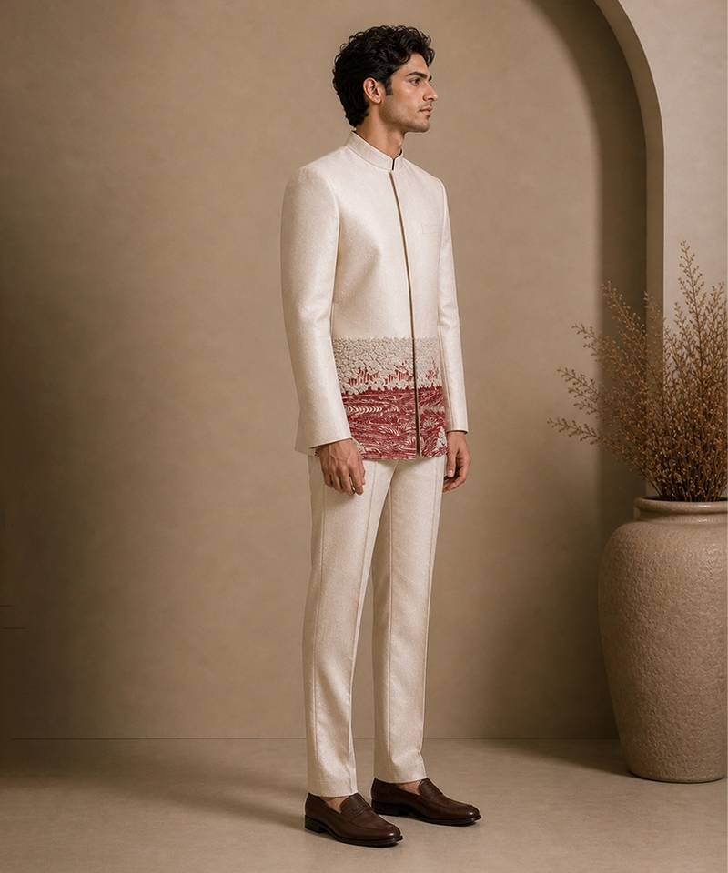 Beige hand embroidered bemberg silk bandhgala