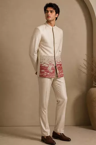 Beige hand embroidered bemberg silk bandhgala