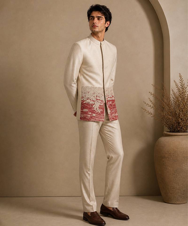 Beige hand embroidered bemberg silk bandhgala