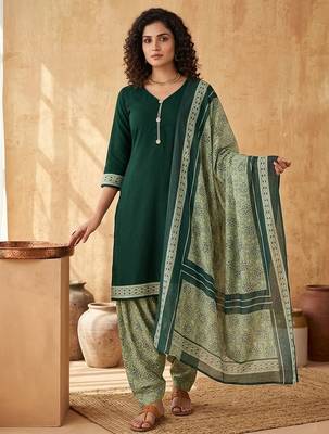 Green printed cotton blend stitched floral print salwar kurta dupatta for women 1