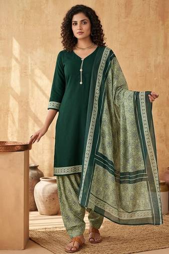 Green printed cotton blend stitched floral print salwar kurta dupatta for women