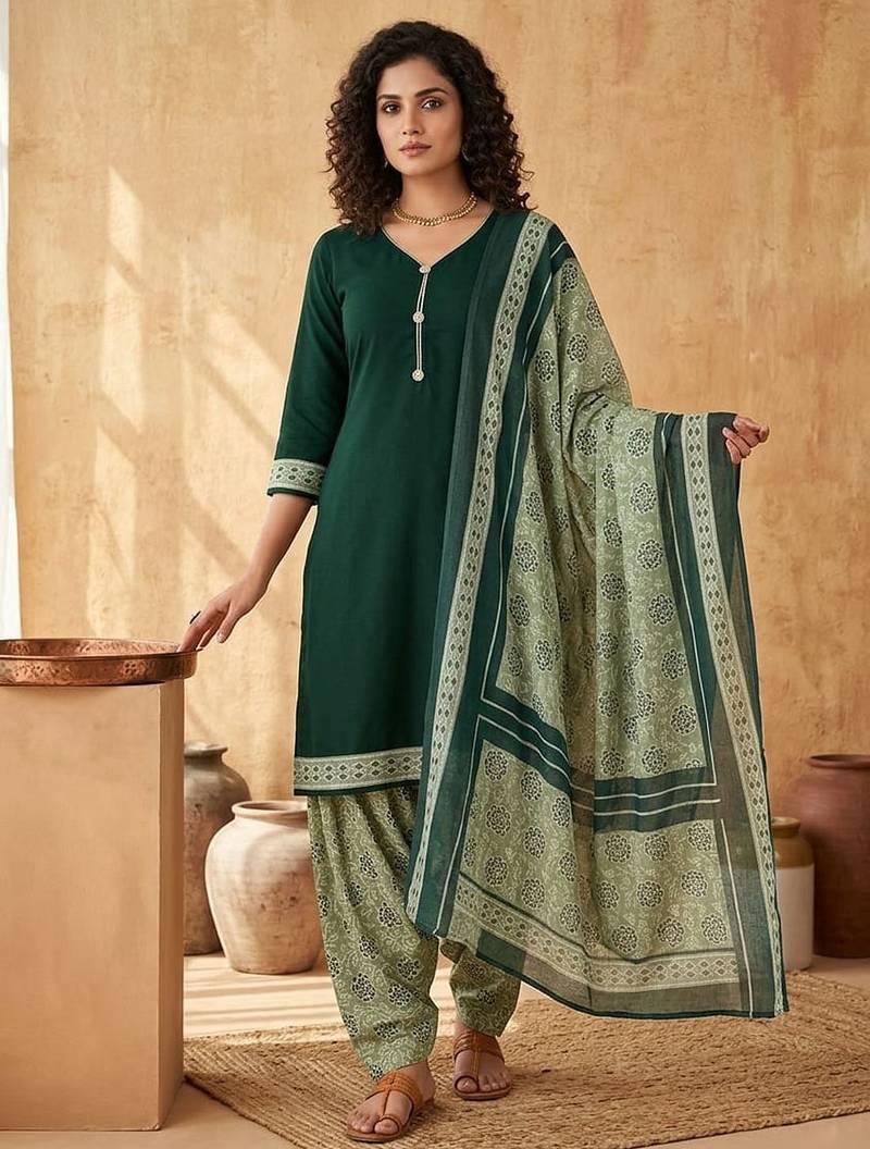 Green printed cotton blend stitched floral print salwar kurta dupatta for women