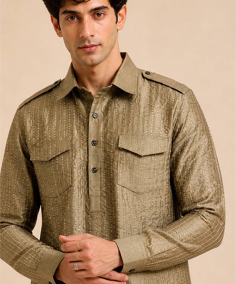 Rust gold bemberg silk kurta set