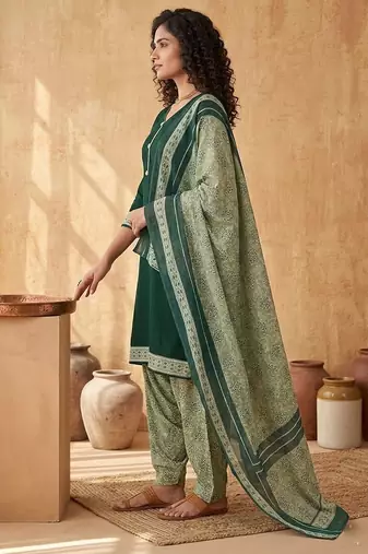 Green printed cotton blend stitched floral print salwar kurta dupatta for women